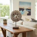 Artisanal Hand-Carved Swirl Sculpture on Wood Pedestal with Mirror Center