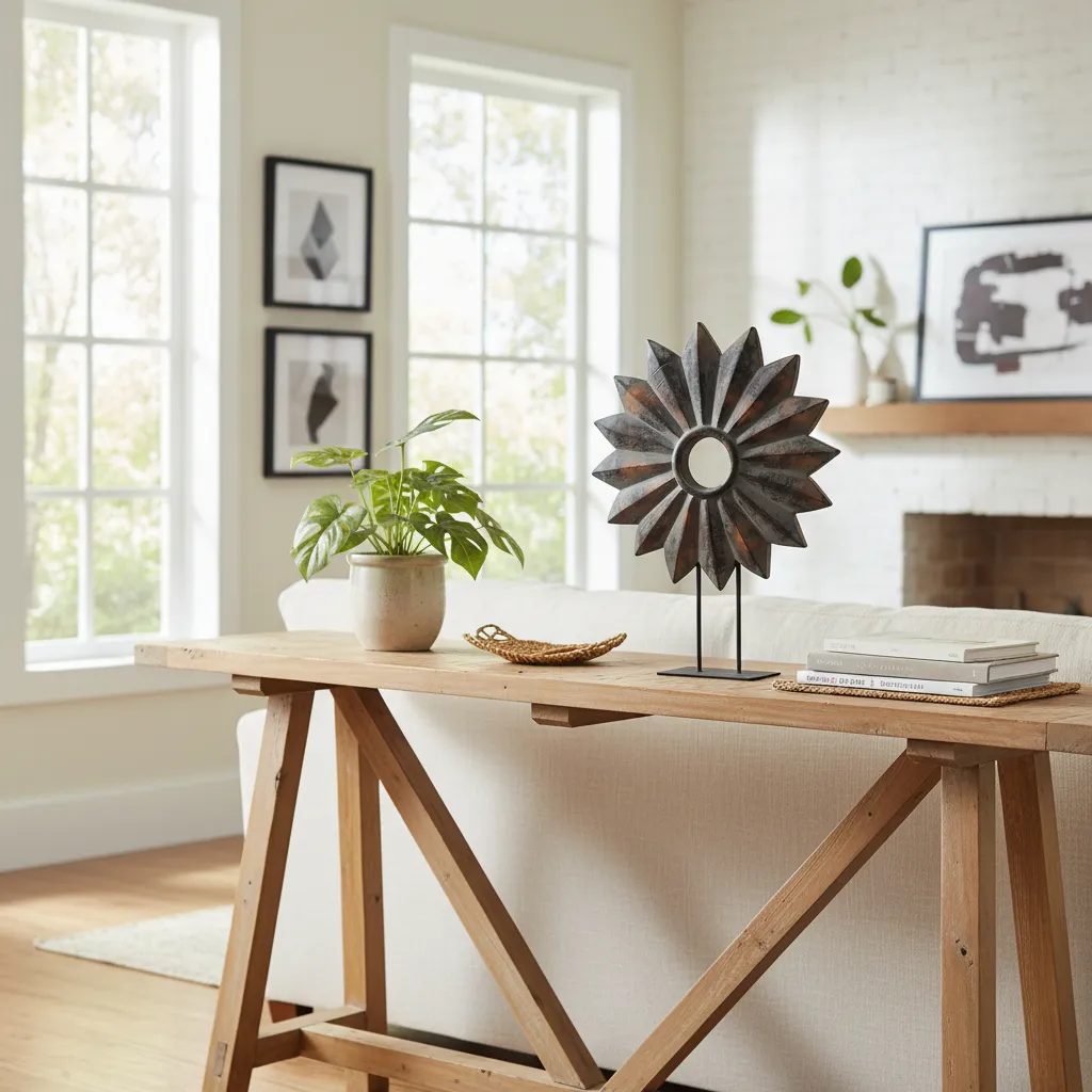 Modern Starburst Decorative Object – Hand-Etched Wood with Metal