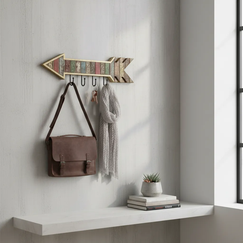 Rustic Wooden Arrow Wall Hook Rack with Iron Pegs