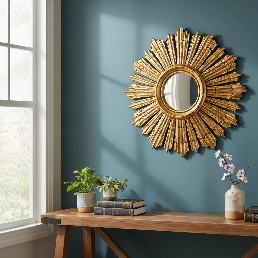 Antique-Inspired Ornate Sunburst Gold Wall Mirror for Entryway MDF Carved