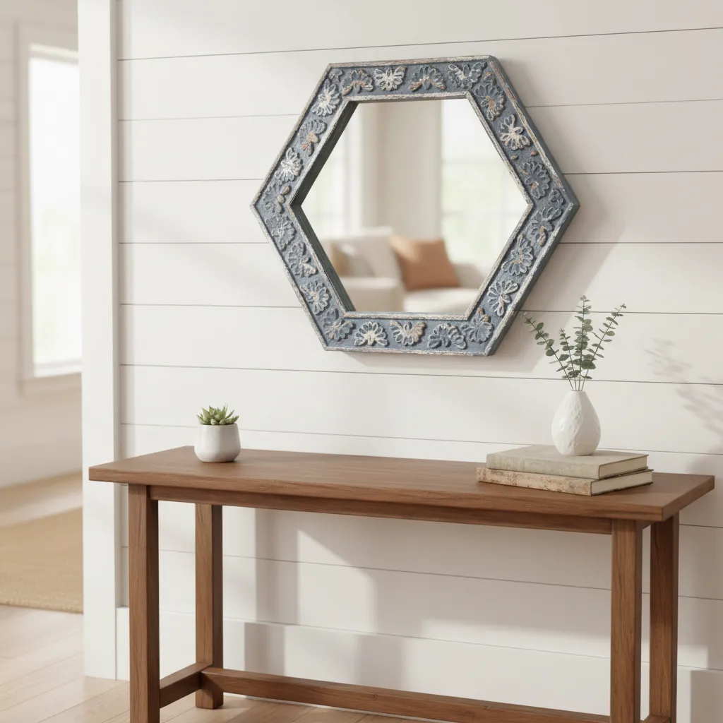 P5 Hexagonal Mirror with Botanical Detail – Weathered Grey Finish