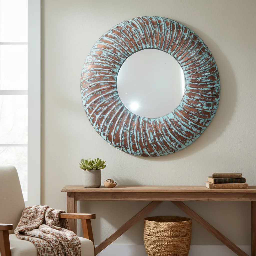 Artisanal Blue Copper Finished Accent Mirror – Intricate Radial Pattern for Bohemian