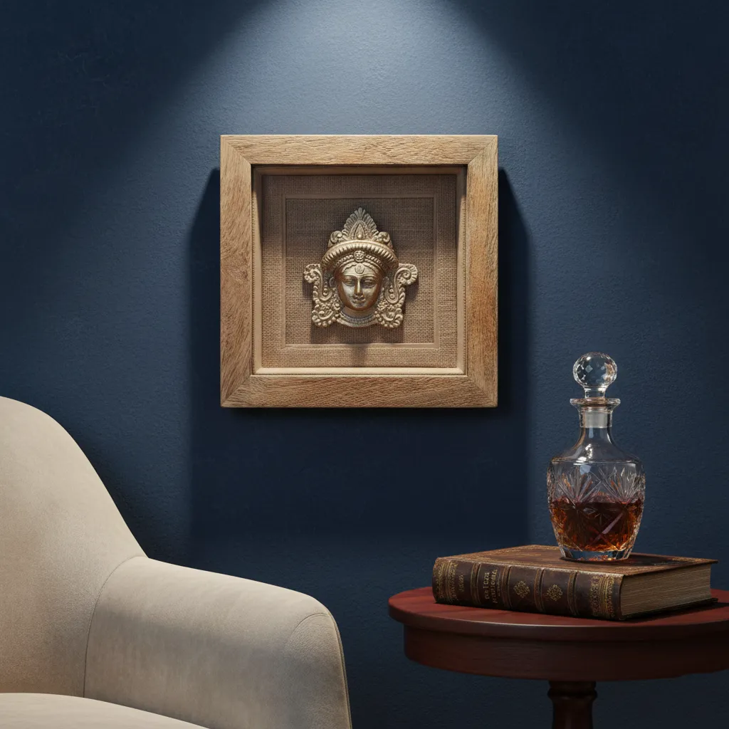 P2 Artisanal Style: Handcrafted Wooden Shadow Box with Metal Ethnic Devi Mask