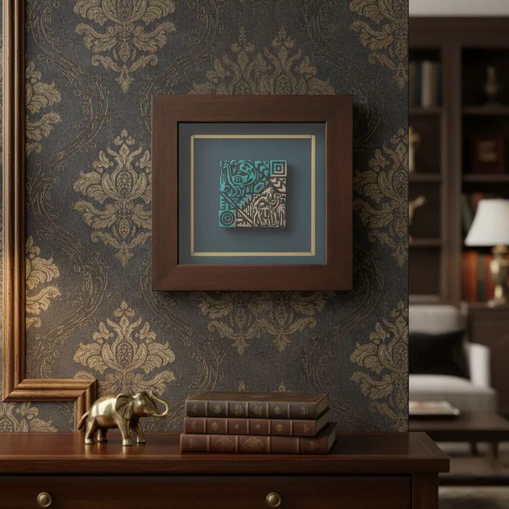 Artisanal Mayan-Inspired Stone Relief – Framed Teal & Gold Hieroglyphic Wall Art