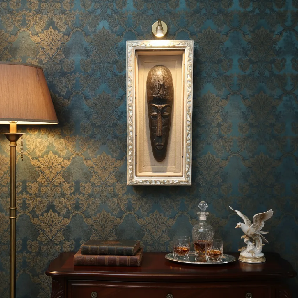 P20 Framed West African Style Bronze/Face Mask – Decorative Shadow Box Wall Art