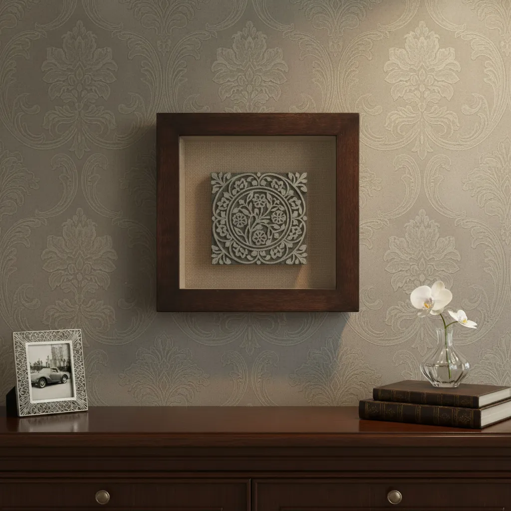 P24 Traditional Medallion Shadow Box Wall Decor - Style Floral Stone Wood Frame for Living Room or Office