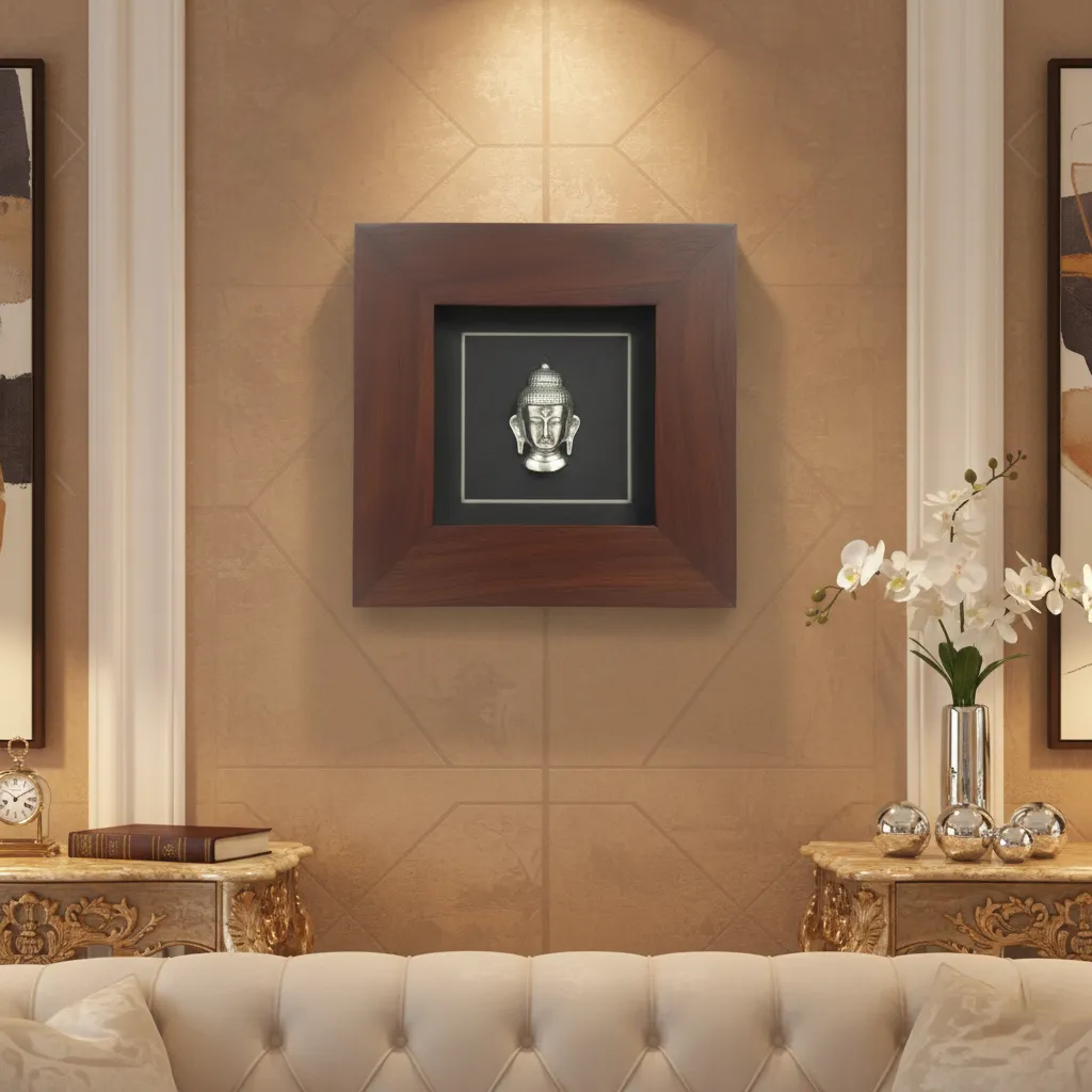 P27 Minimalist Buddha Face 3D Shadow Box – Metallic Silver Finish Gautama Buddha Wall Hanging