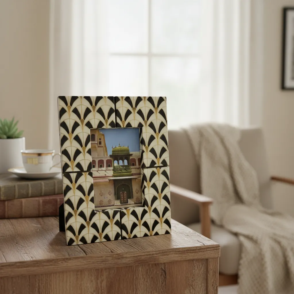 Handcrafted Photo Frame - 4x6 Inch Geometric Art Deco Picture Frame for Tabletop Decor