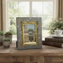 P27 Handcrafted MDF & Metal Embossed Dual-Layer Photo Frame - Grey & Gold Floral Motif