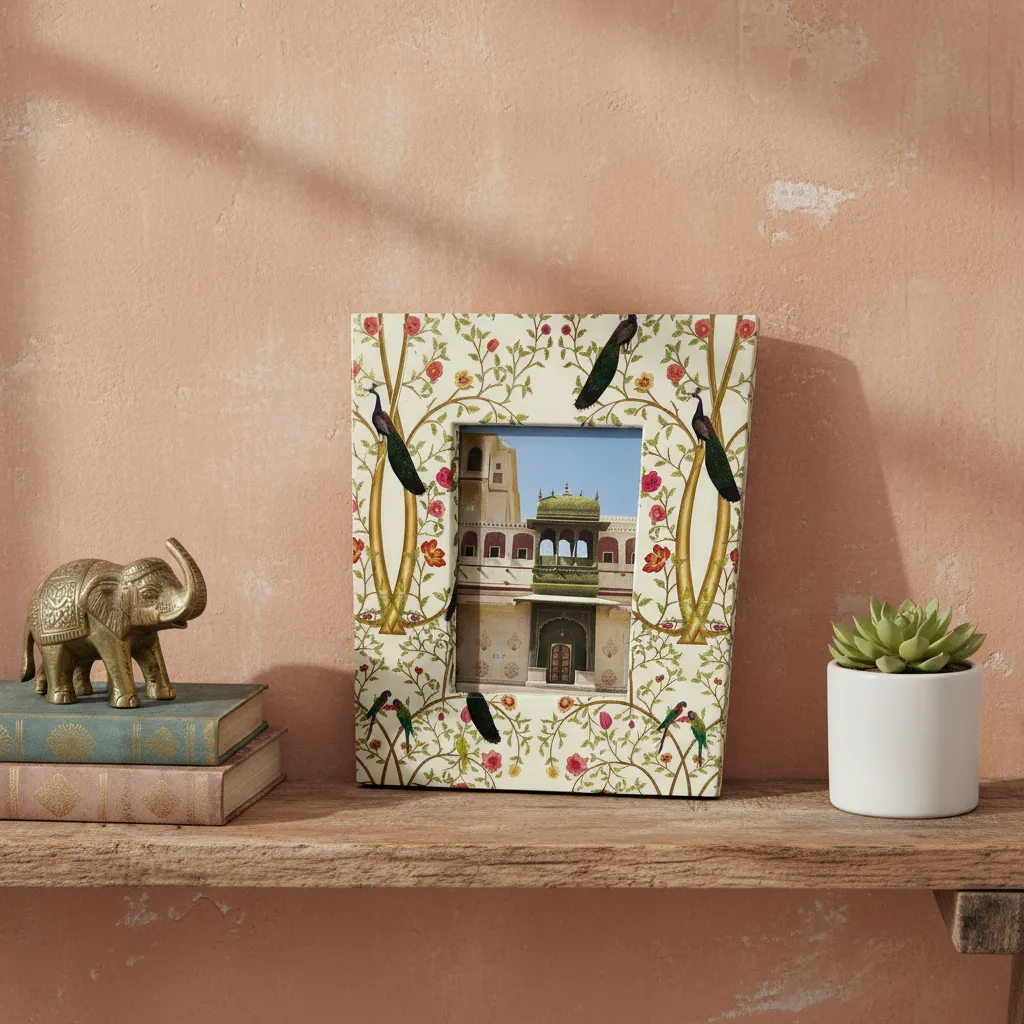 Handcrafted MDF Metal Embossed Peacock & Floral Photo Frame - Traditional Indian Art Style