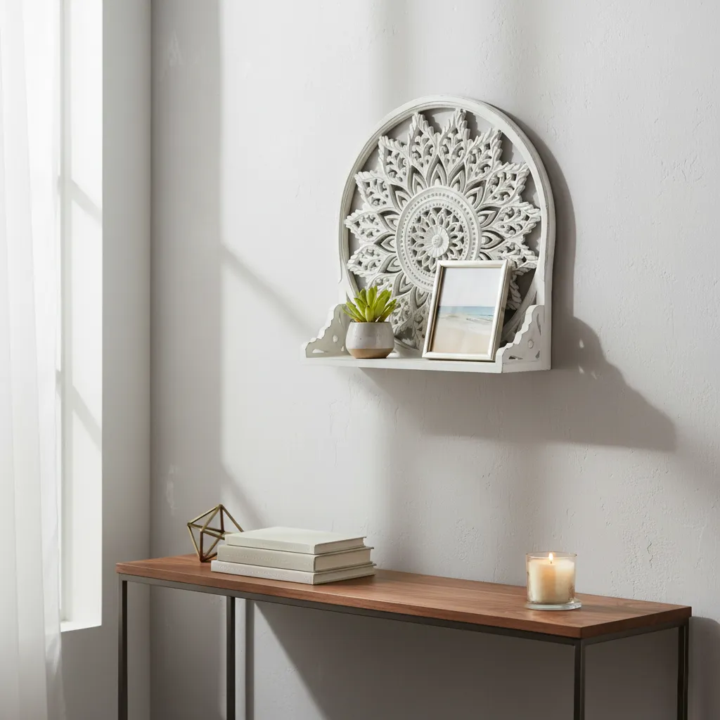 Hand-Carved Distressed Wood Decorative Wall Display Shelf