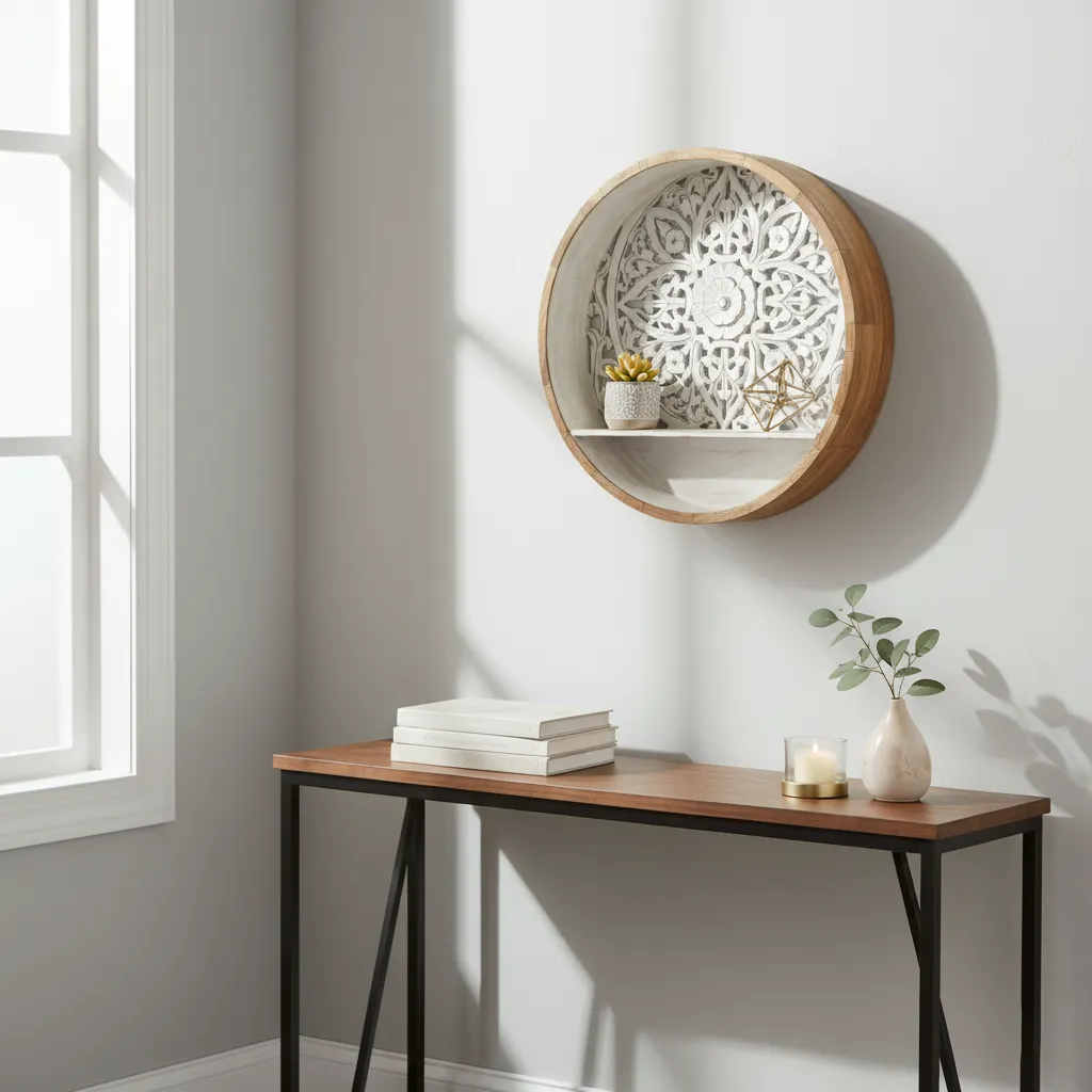Round Distressed Wood Wall Shelf Display with Intricate Carvings