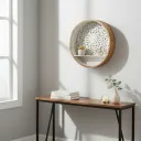 Round Distressed Wood Wall Shelf Display with Intricate Carvings