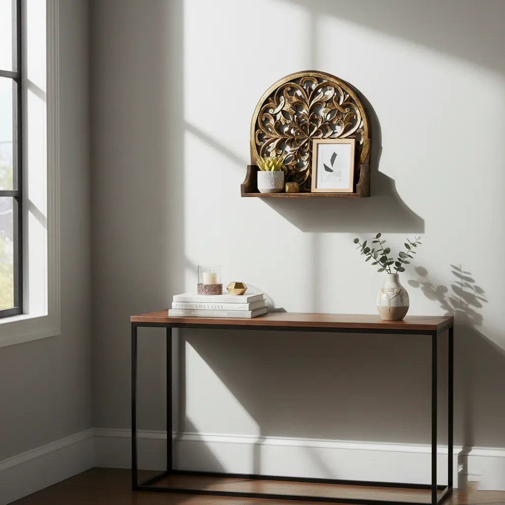 Rustic Gold Hand-Carved Arch Decorative Wall Shelf