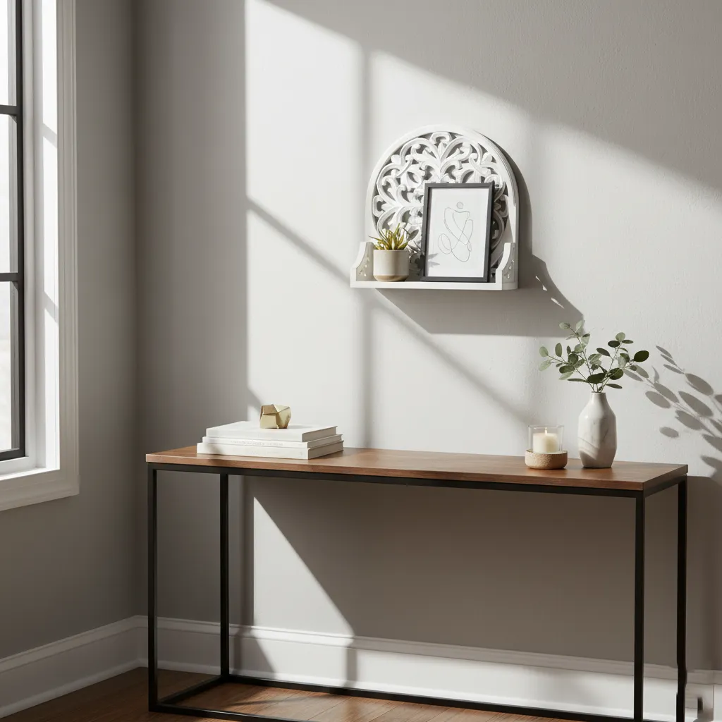 P4 Intricate Round Mandala Carved MFD Wood Floating Shelf