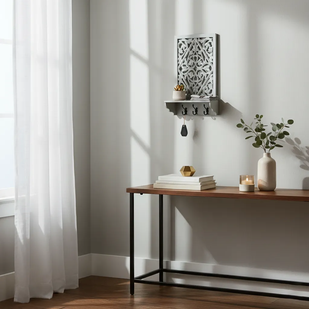 Distressed Wood Decorative Display Shelf with Hooks