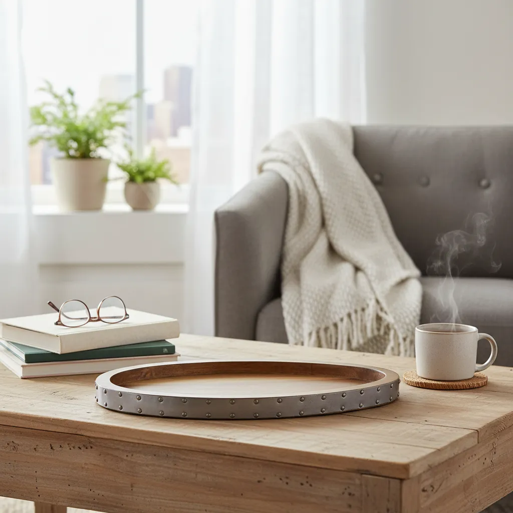 Handcrafted Acacia Wood Oval Serving Tray with Industrial Riveted Metal Rim