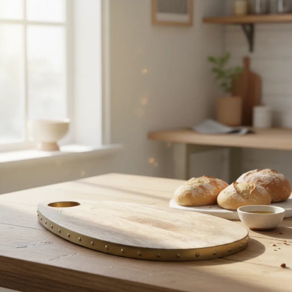 P5 Premium Mango Wood Teardrop Cutting Board with Gold Studded Metal Trim