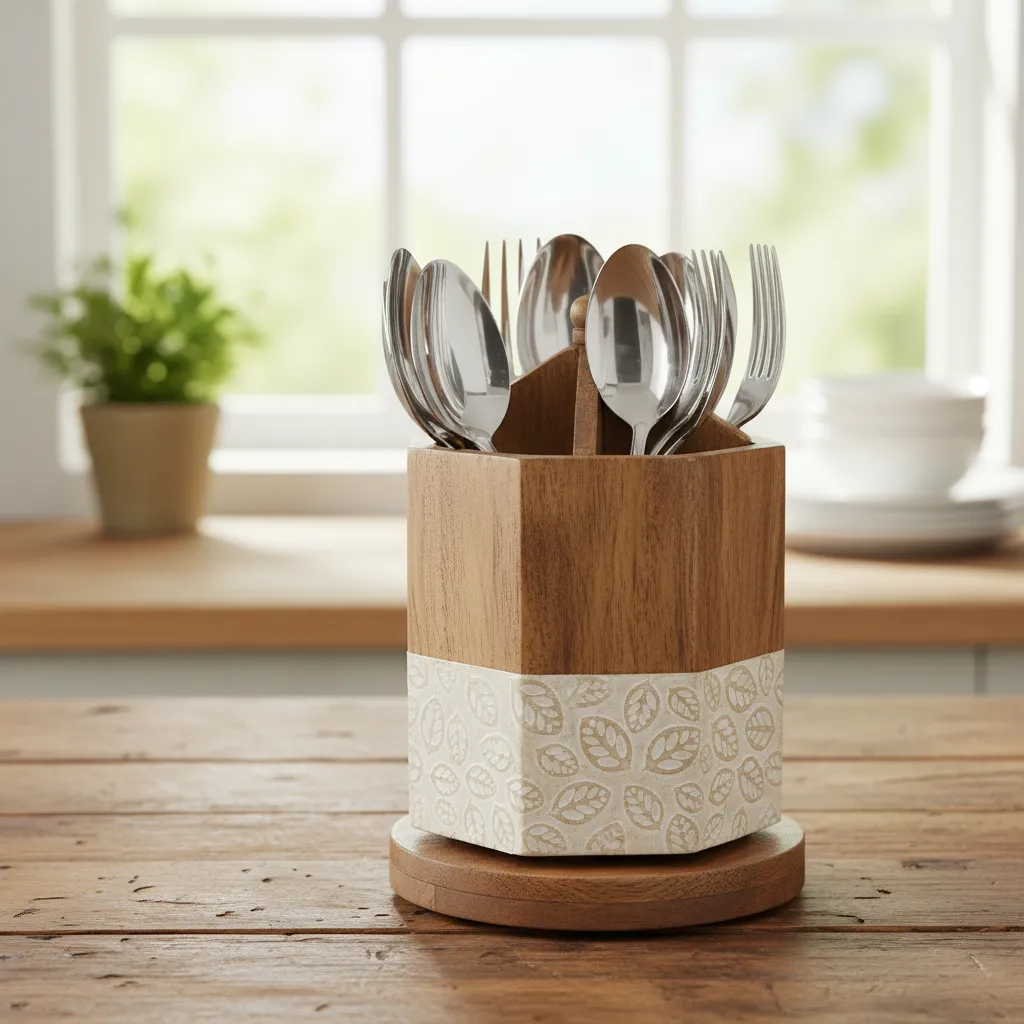 Handcrafted Wooden Rotating Cutlery Holder with Embossed Leaf Pattern