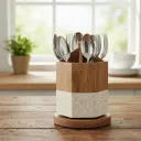 Handcrafted Wooden Rotating Cutlery Holder with Embossed Leaf Pattern