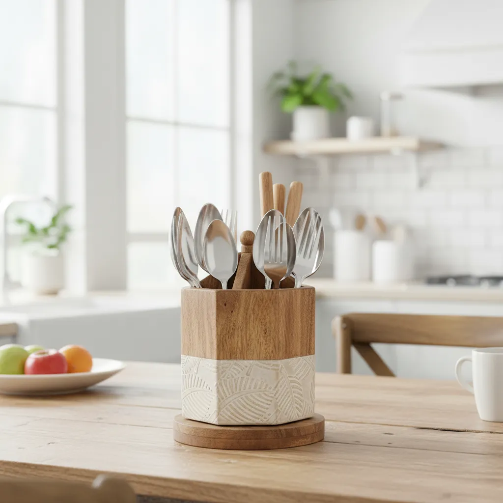 Natural Revolving Wooden Cutlery Holder with Divided Compartments for Kitchen Organization