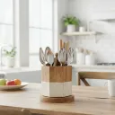Natural Revolving Wooden Cutlery Holder with Divided Compartments for Kitchen Organization