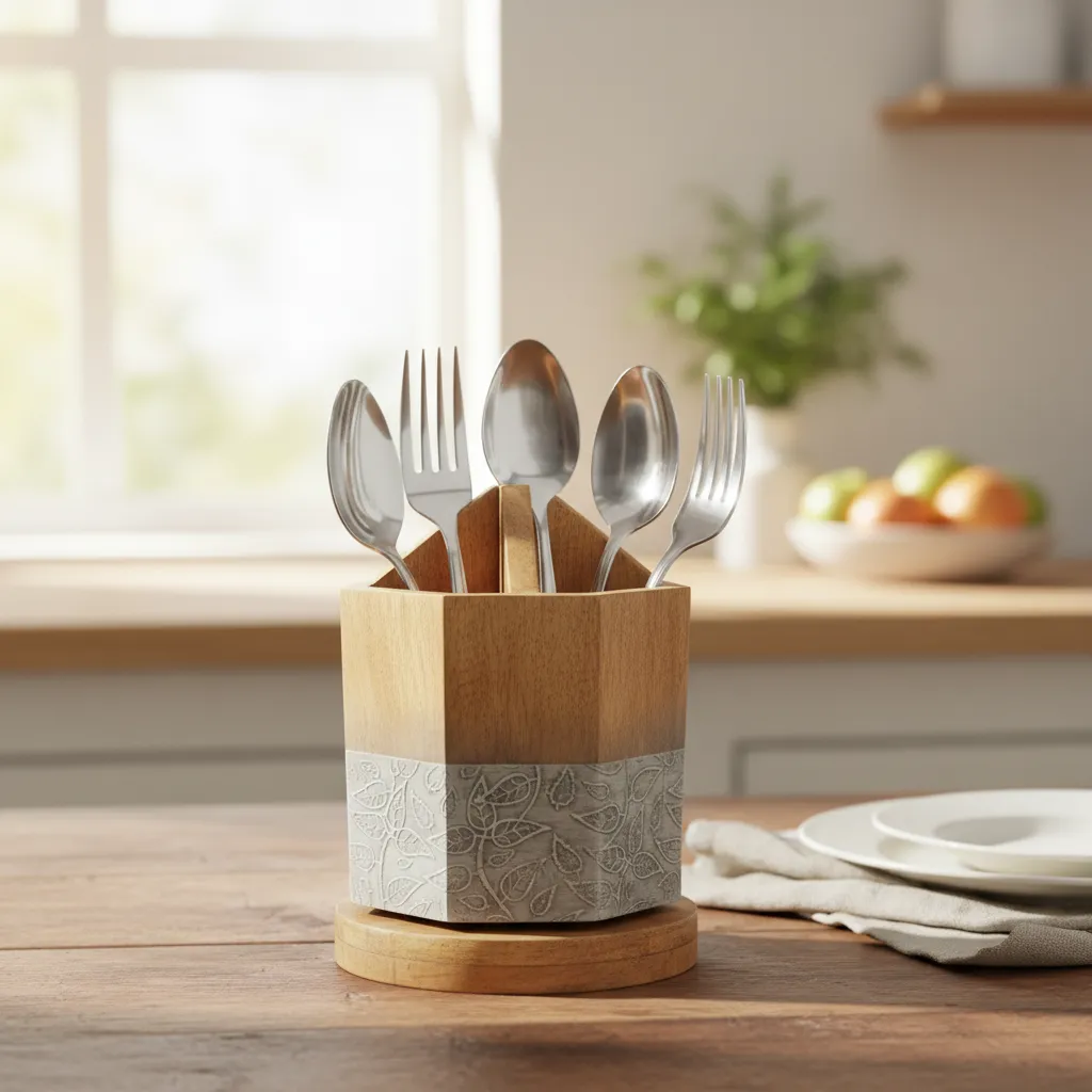 Artisanal Revolving Cutlery Holder with Octagonal Footprint and Metal Alloy Accent