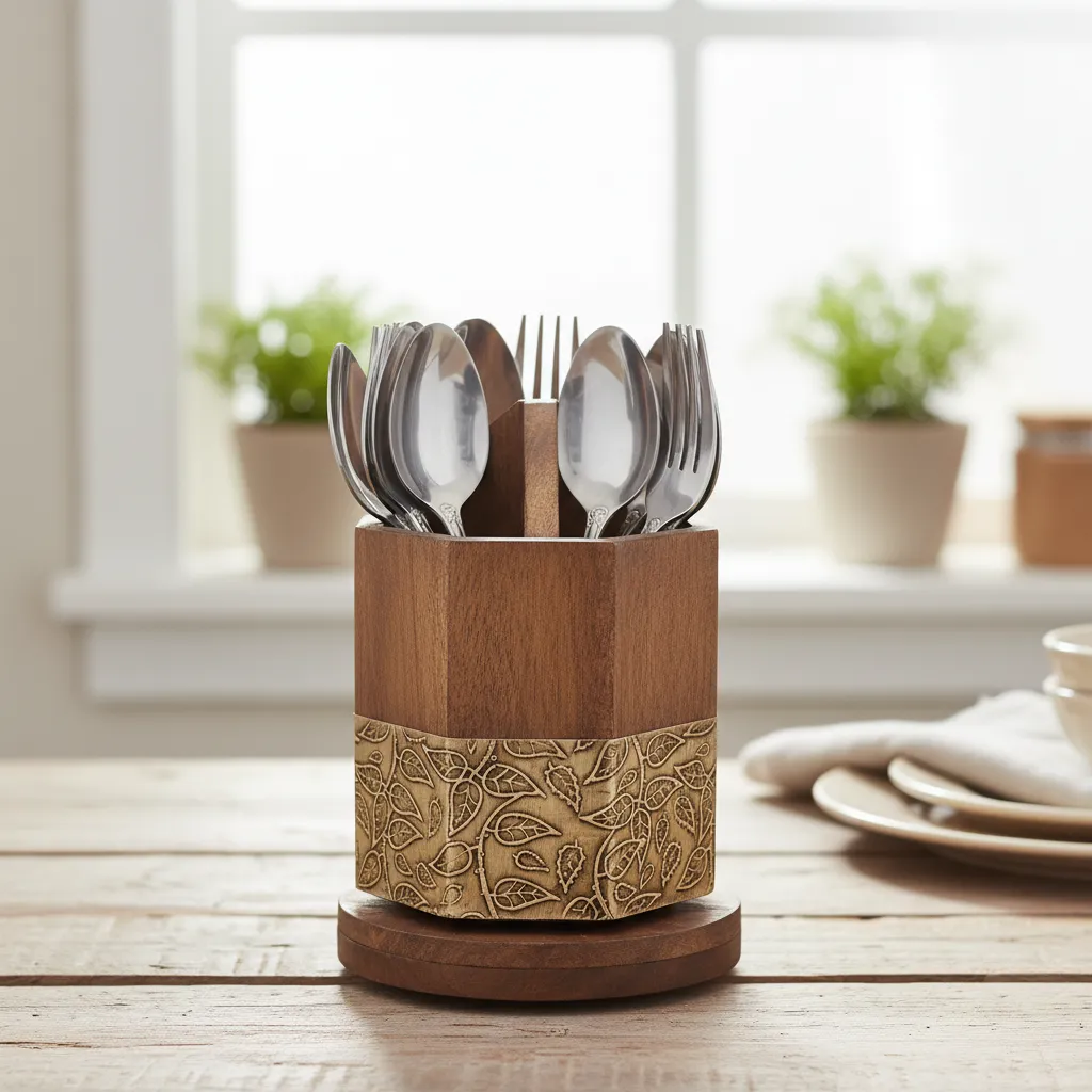 P4 Handcrafted Mango Wood Rotating Utensil Caddy with Embossed Botanical Metal Inlay