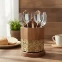 Artisanal Revolving Wooden Cutlery Holder with Octagonal Design and Divided Compartments