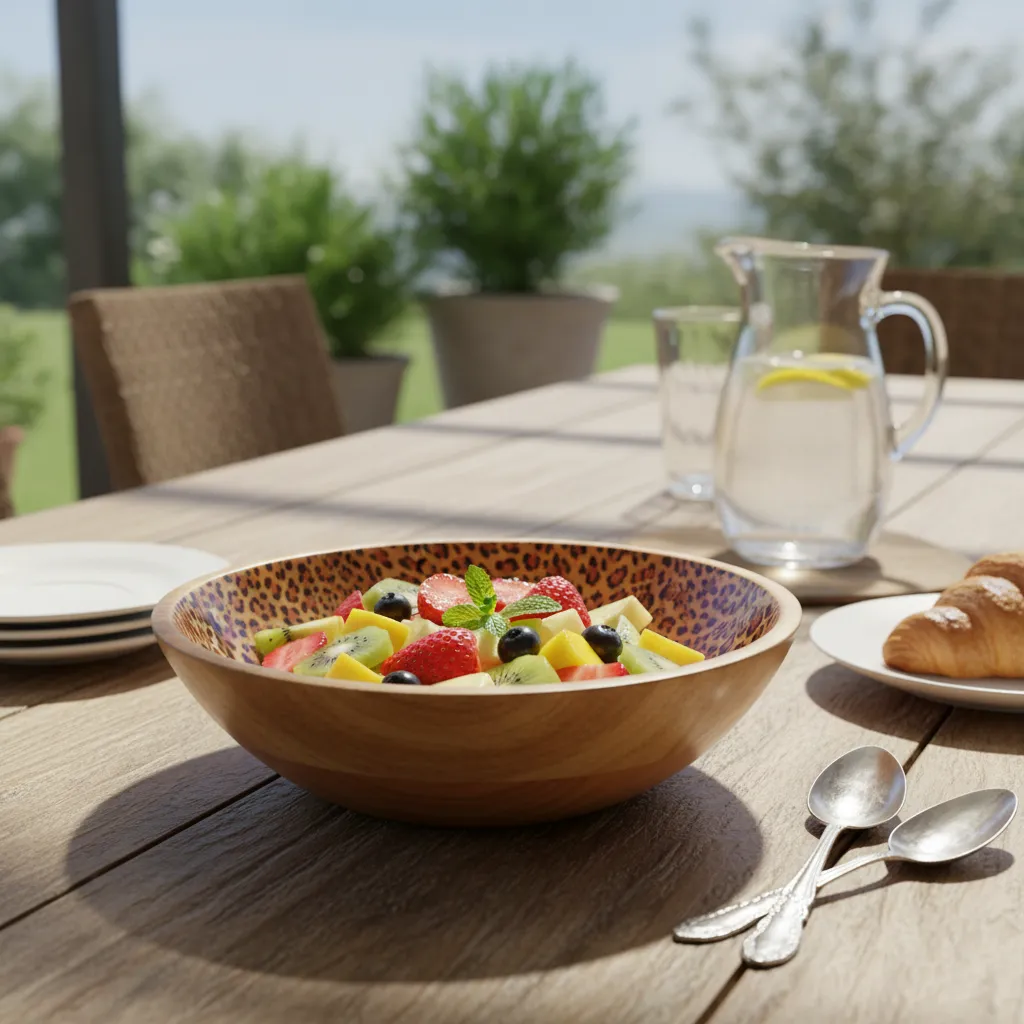 P1 Decal Emameled Natural Mango Wood Bowl with Glossy Leopard Interior - Premium 12*4-Inch Serve ware