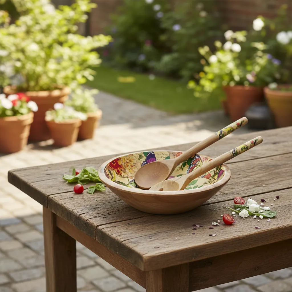 Decal Enameled Wooden Salad Bowl Set - Artisanal 3-Piece Large Serving Set with Matching Servers