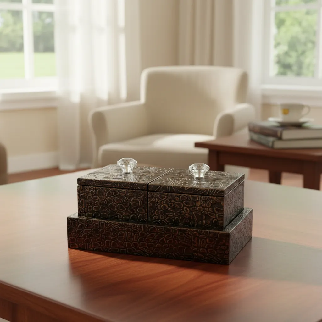 P4 Handcrafted Floral Wooden Tea & Keepsake Box – Two-Tier Stackable Storage with Crystal-Style Knobs