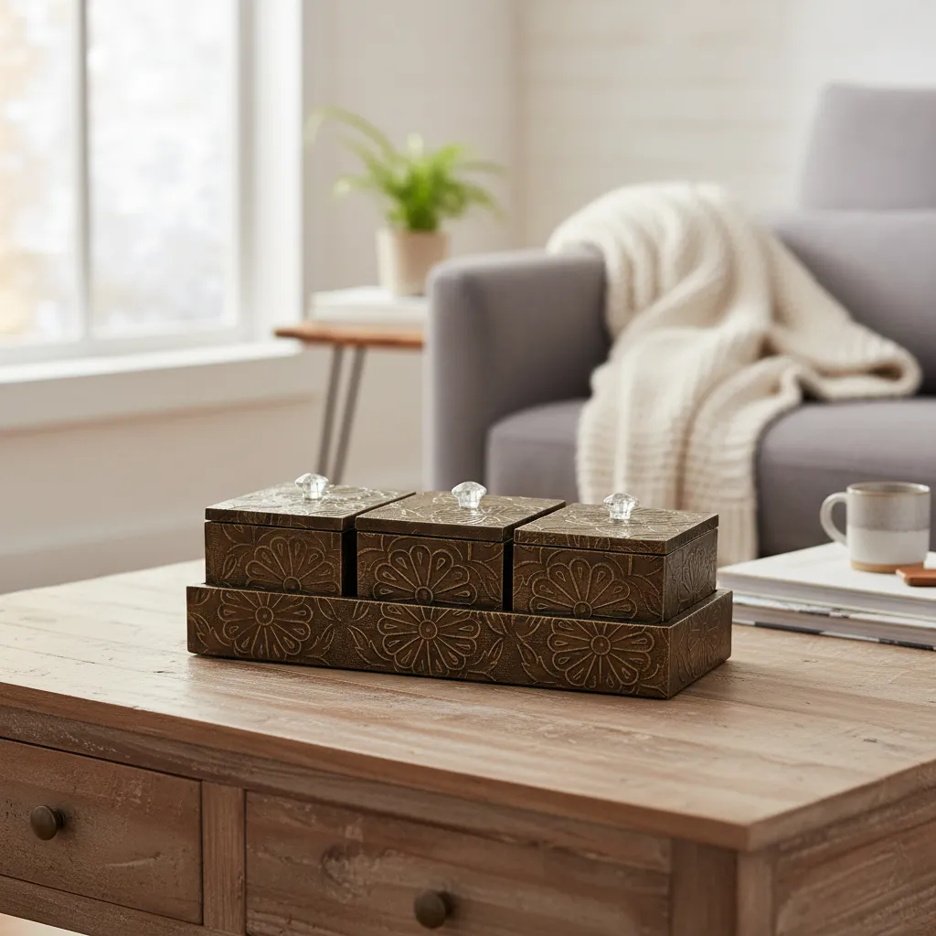 P5 Elegant 3-Compartment Serving Tray Set – Embossed Floral Wooden Box for Tea, Nuts, and Candies