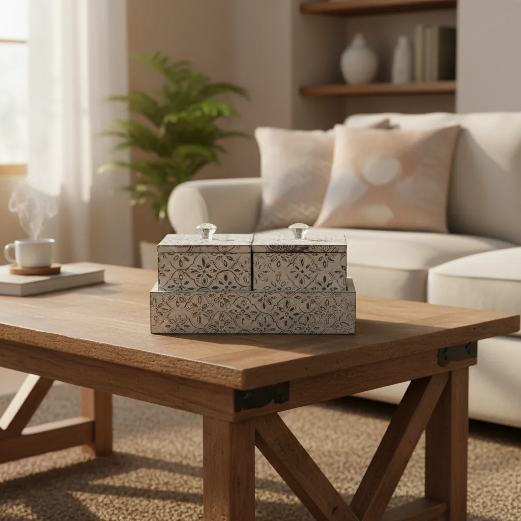 Elegant 2-Compartment Wooden Serving Tray Set – Embossed Floral Organizer with Crystal Glass Knobs
