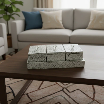 P7 Elegant Embossed Floral Multi-Layer Organizer Box – Two-Tier Stackable Storage with Crystal-Style Knobs