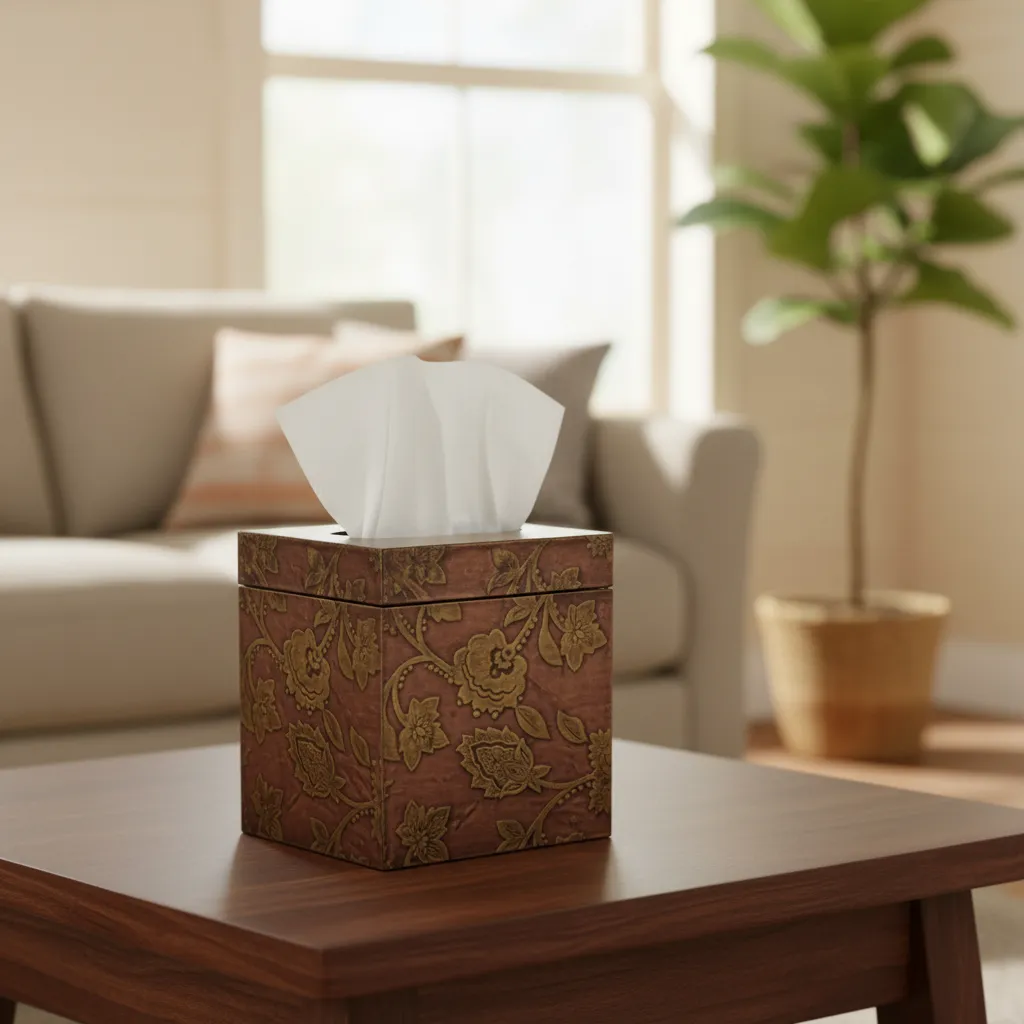 P1 Elegant Floral Carved Wooden Tissue Box Cover – Square Decorative Facial Tissue Holder