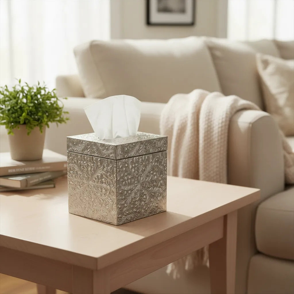 Premium Silver-Finish Decorative Tissue Dispenser – Durable Square Metal Alloy Holder