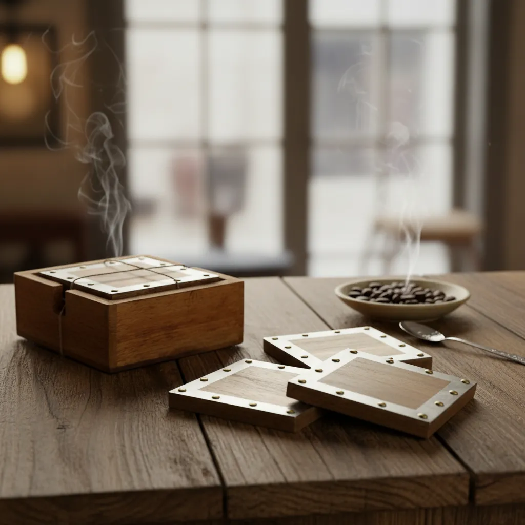 P1 Handcrafted Mango Wood & Metal Coasters with Brass Rivet Accents (Set of 4)