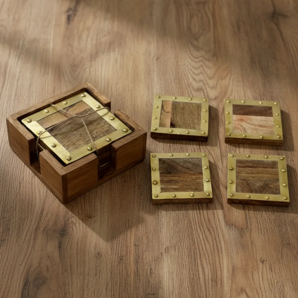 Artisan Made Square Wood Coasters with Hammered Brass Frame and Rivet Accents