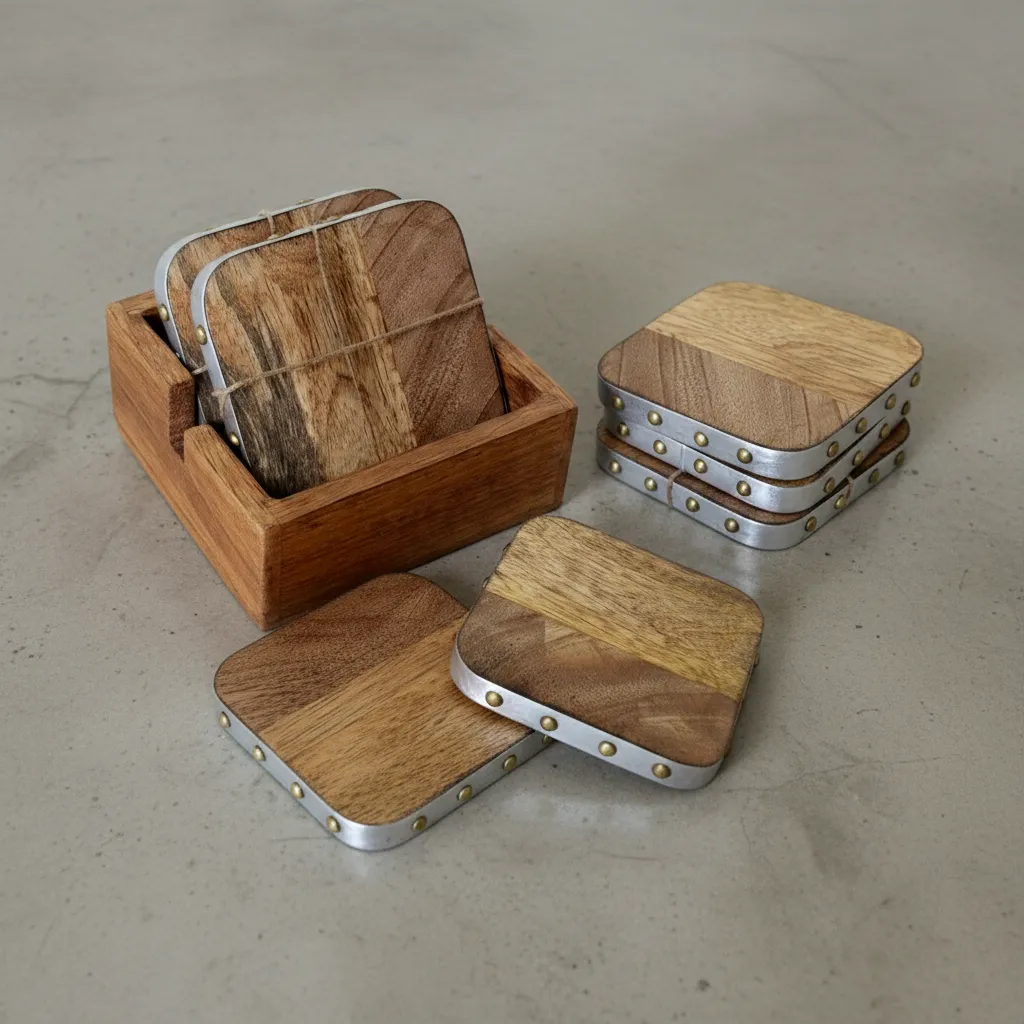 P3 Handcrafted Mango Wood & Brass Coaster Set with Storage Holder