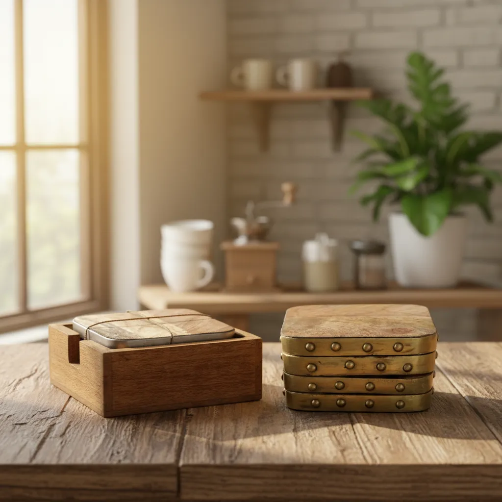 P4 Handcrafted Mango Wood & Brass Coaster Set with Storage Holder