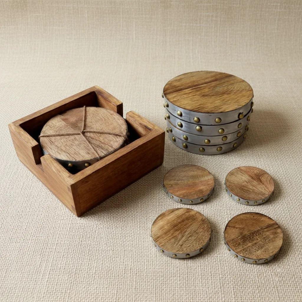 Handcrafted Mango Wood and Brass Coaster Set with Square Storage Holder
