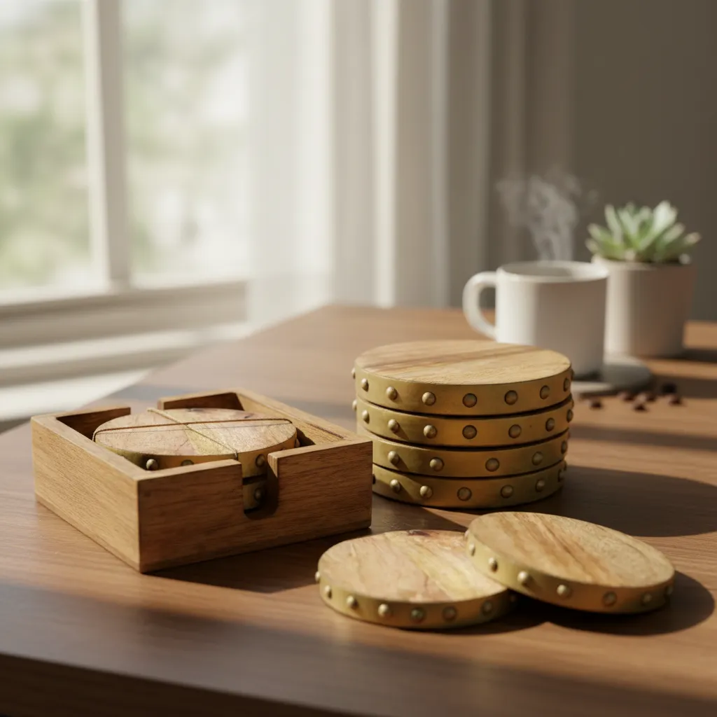 P6 Handcrafted Mango Wood and Brass Coaster Set with Square Storage Holder
