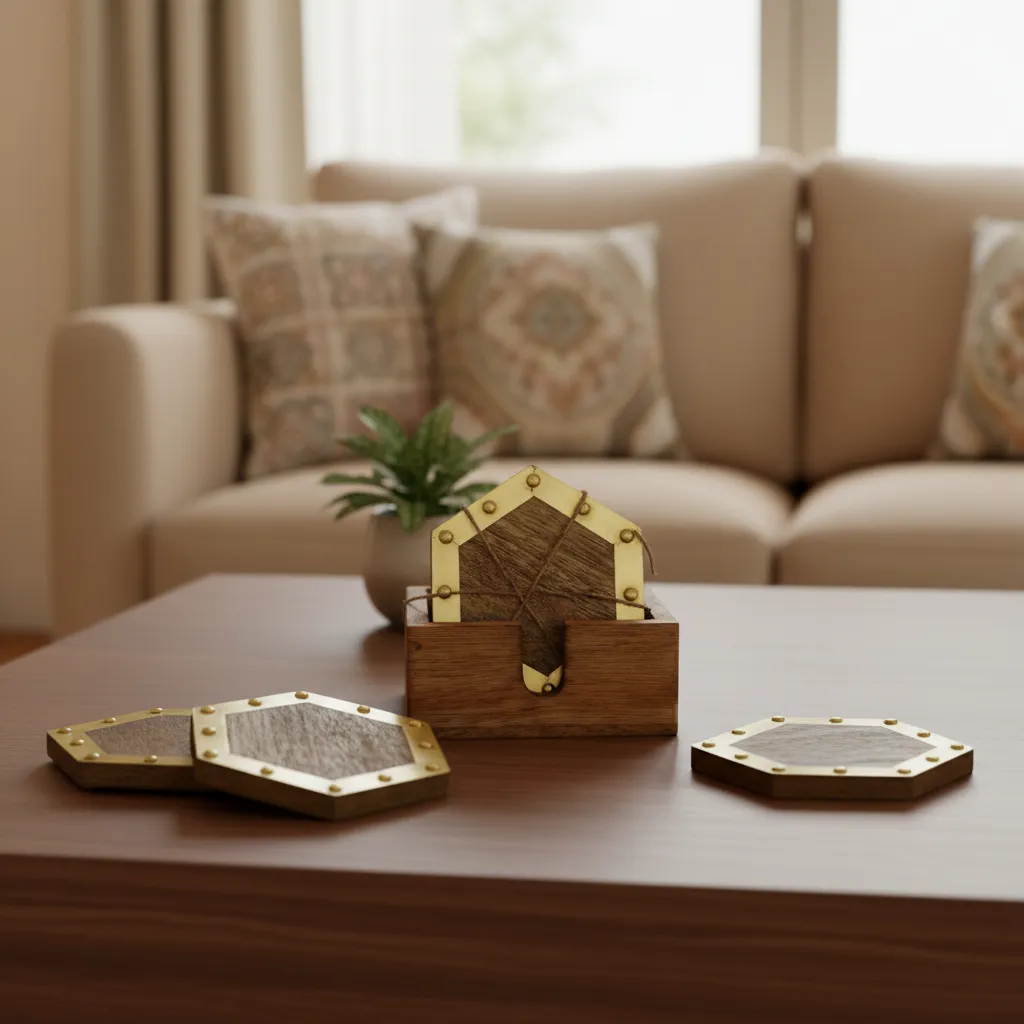 P7 Artisan Square Wood & Metal Coasters with Rivet Accents (Set of 4)