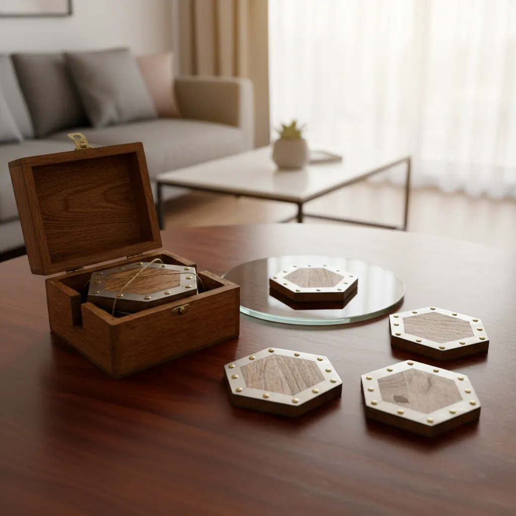 Artisan Round Wood & Metal Alloy Coasters with Riveted Banding