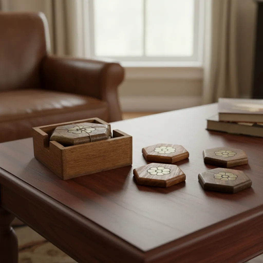 Handcrafted Wood & Brass Coaster Set with Storage Holder (Set of 4)