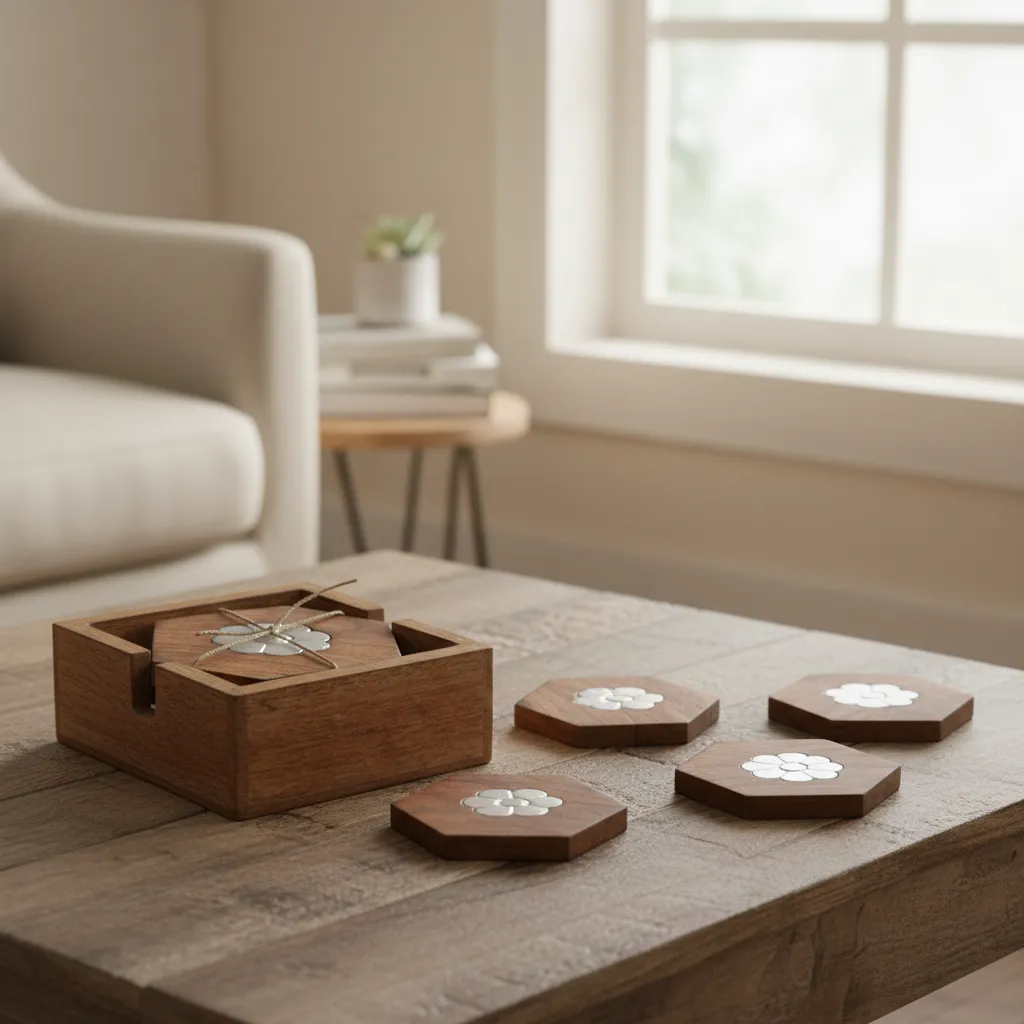 Handcrafted Mango Wood & Brass Coaster Set with Square Storage Holder