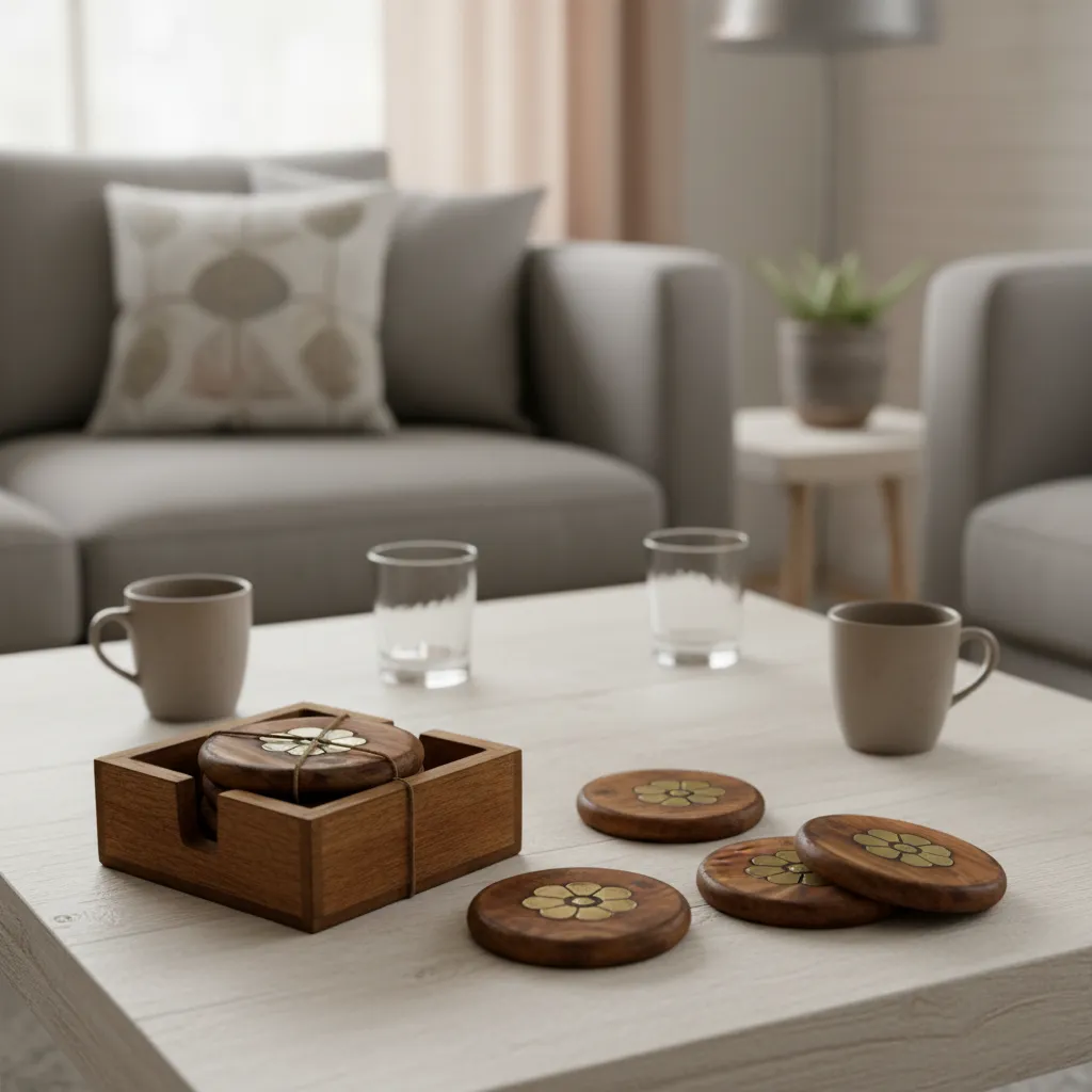 P11 Artisanal Round Mango Wood & Metal Alloy Coasters with Riveted Banding