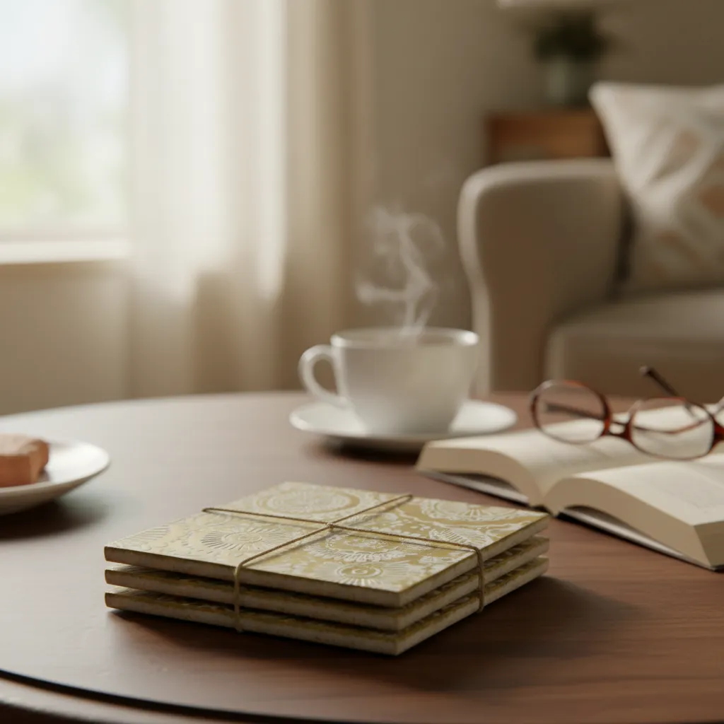 P12 Handcrafted Mango Wood and Brass Coaster Set with Square Storage Holder