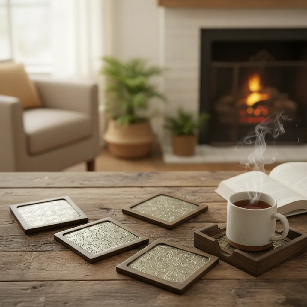 P13 Artisanal Round Mango Wood & Metal Alloy Coasters with Riveted Banding